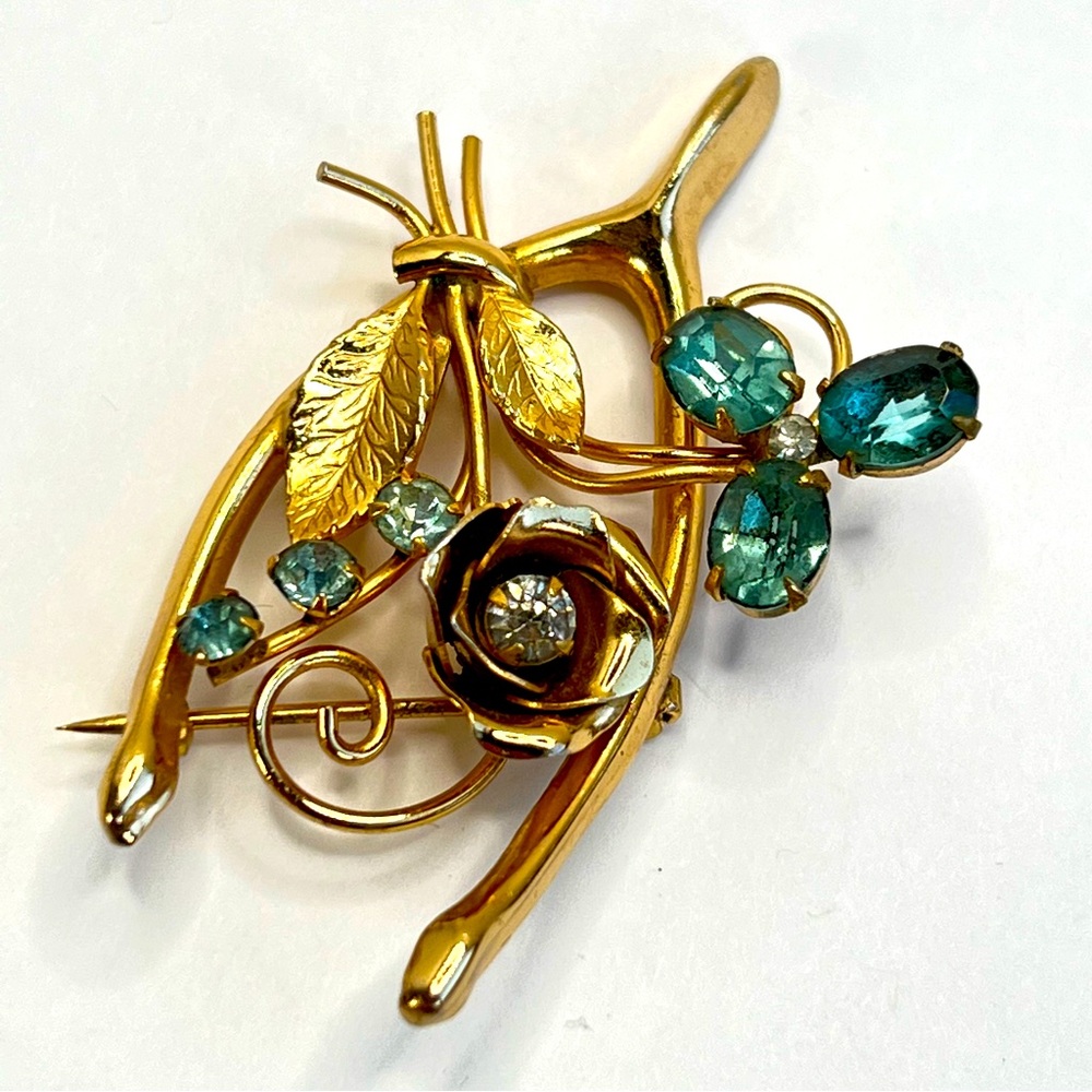 Vintage Coro Brooch Pin Good Luck Wishbone Rhinestones